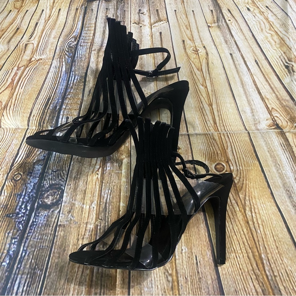 NEW Mackin J Black Leather Caged 4 1/2” Stiletto Slingback Heels - Picture 4 of 5